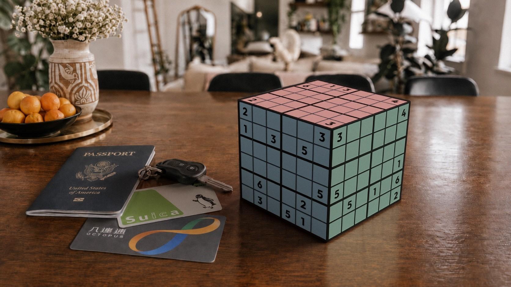 A 6×6 ZudoCube on a walnut table beside a passport, car keys, and Suica and Octopus transit cards
